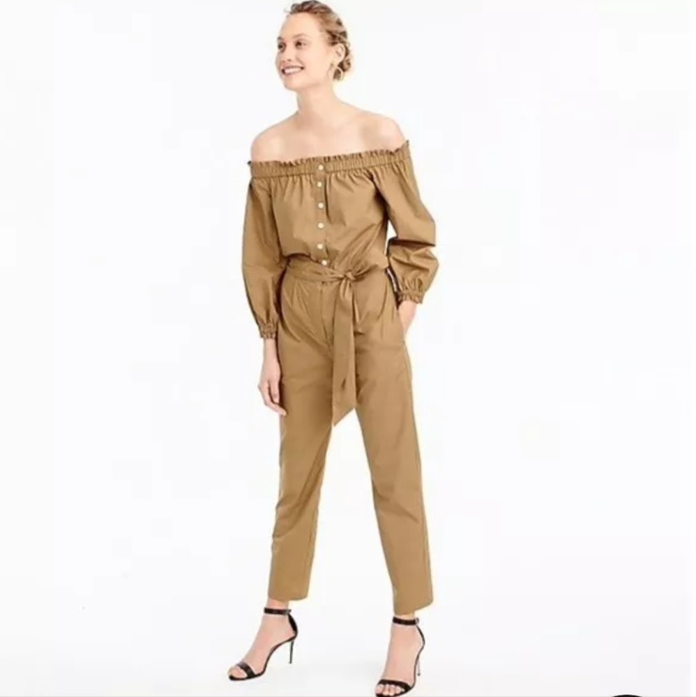 J.Crew 100% Cotton Tan Off The Shoulder Belted Lightweight Summer Jumpsuit 8